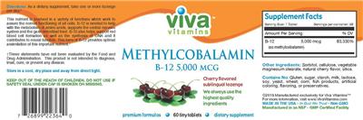 Photo of the Viva Vitamins Methylcobalamin B-12 5,000 mcg Cherry Flavored label