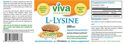 Photo of the Viva Vitamins L-Lysine 500 mg label