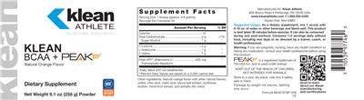 Photo of the Klean Athlete Klean BCAA + Peak ATP Natural Orange Flavor label