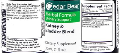 Photo of the Cedar Bear Kidney & Bladder Blend label