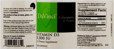 Photo of the DaVinci Laboratories Of Vermont Vitamin D3 5,000 IU label