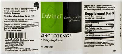 Photo of the DaVinci Laboratories Of Vermont Zinc Lozenge label