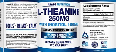 Photo of the Arazo Nutrition L-Theanine 250 mg label