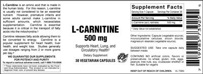 Photo of the Vitamer Laboratories L-Carnitine 500 mg label
