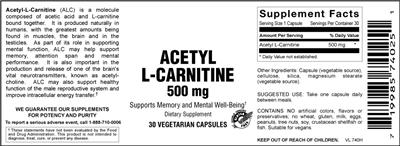 Photo of the Vitamer Laboratories Acetyl L-Carnitine 500 mg label