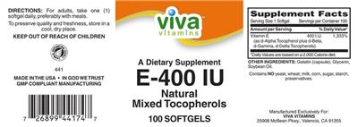 Photo of the Viva Vitamins E-400 IU label