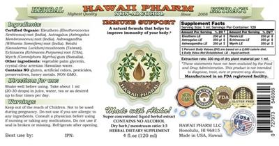 Photo of the Hawaii Pharm Immune Support Non-Alcohol label