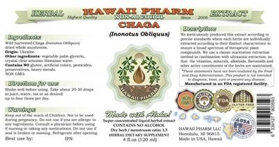 Photo of the Hawaii Pharm Chaga Non-Alcohol label