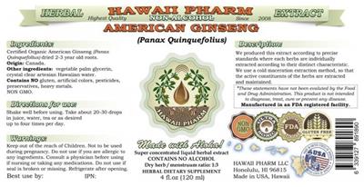 Photo of the Hawaii Pharm American Ginseng Non-Alcohol label