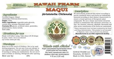 Photo of the Hawaii Pharm Maqui Non-Alcohol label