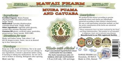 Photo of the Hawaii Pharm Muira Puama and Catuaba Non-Alcohol label