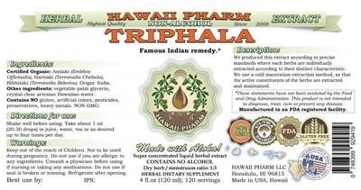 Photo of the Hawaii Pharm Triphala Non-Alcohol label