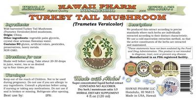 Photo of the Hawaii Pharm Turkey Tail Mushroom Non-Alcohol label