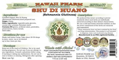Photo of the Hawaii Pharm Shu Di Huang Non-Alcohol label