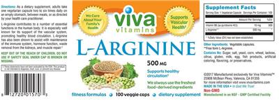 Photo of the Viva Vitamins L-Arginine 500 mg label