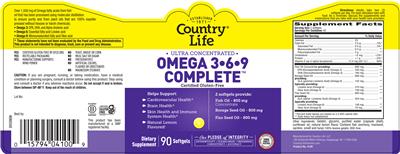 Photo of the Country Life Omega 3-6-9 Complete Natural Lemon Flavored! label