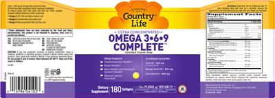 Photo of the Country Life Ultra Concentrated Omega 3-6-9 Complete Natural Lemon Flavored! label