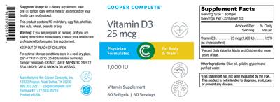 Photo of the Cooper Complete Vitamin D3 25 mcg 1,000 IU label
