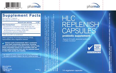 Photo of the Pharmax HLC Replenish Capsules label