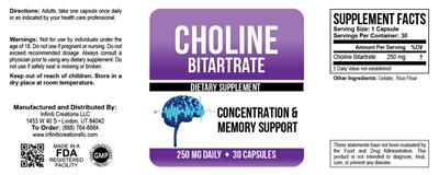 Photo of the Infiniti Creations Choline Bitartrate 250 mg daily label