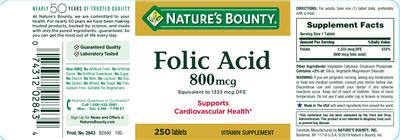 Photo of the Nature's Bounty Folic Acid 800 mcg label