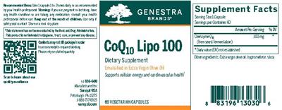 Photo of the Genestra Brands CoQ10 Lipo 100 label