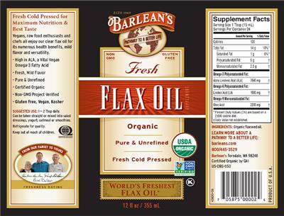 Photo of the Barlean's Fresh Flax Oil label