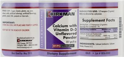 Photo of the Kirkman Calcium With Vitamin D-3 Unflavored Powder label