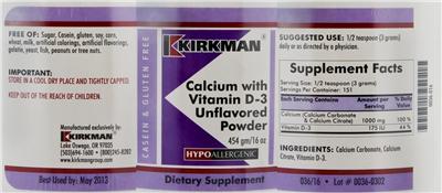 Photo of the Kirkman Calcium With Vitamin D-3 Unflavored Powder label