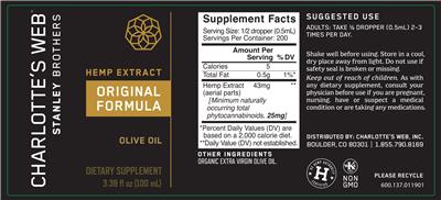 Photo of the Charlotte's Web Stanley Brothers Hemp Extract Original Formula Olive Oil label