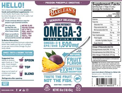 Photo of the Barlean's Seriously Delicious High Potency Omega-3 Passion Pineapple Smoothie label