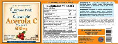 Photo of the Puritan's Pride Chewable Acerola C Sweet & Tangy Berry Flavor label