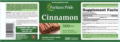 Photo of the Puritan's Pride Cinnamon 500 mg label