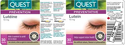 Photo of the Quest Lutein 10 mg label
