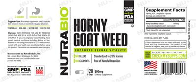 Photo of the NutraBio Horny Goat Weed 500 mg label