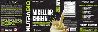 Photo of the NutraBio Micellar Casein Alpine Vanilla label