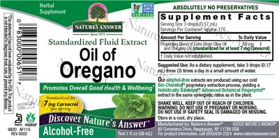 Photo of the Nature's Answer Oil of Oregano Alcohol-Free label