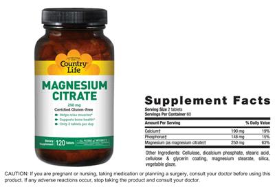 Photo of the Country Life Magnesium Citrate 250 mg label