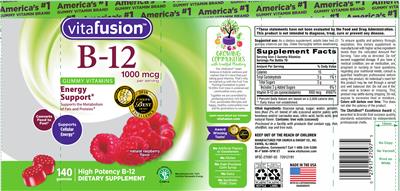 Photo of the vitafusion B-12 1000 mcg Natural Raspberry Flavor label