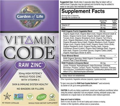 Photo of the Garden of Life Vitamin Code Raw Zinc 30 mg label