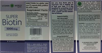 Photo of the Vitamin World Super Biotin 5000 mcg label