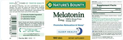 Photo of the Nature's Bounty Melatonin 1 mg label