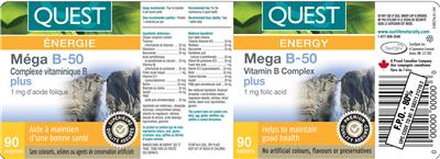 Photo of the Quest Mega B-50 Vitamin B Complex Plus 1 mg Folic Acid label