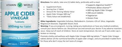 Photo of the Vitamin World Apple Cider Vinegar Tablets 600 mg label
