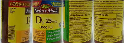 Photo of the Nature Made D3 25 mcg (1000 IU) label