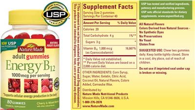 Photo of the Nature Made Energy B12 Adult Gummies 1000 mcg label