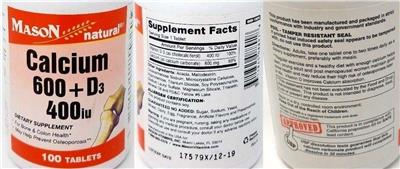 Photo of the Mason Natural Calcium 600 + D3 400 IU label