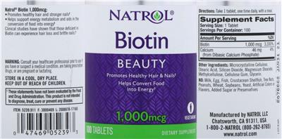 Photo of the Natrol Biotin 1,000 mcg label