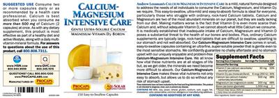 Photo of the ProCaps Laboratories Calcium-Magnesium Intensive Care label