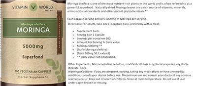 Photo of the Vitamin World Moringa 5000 mg label